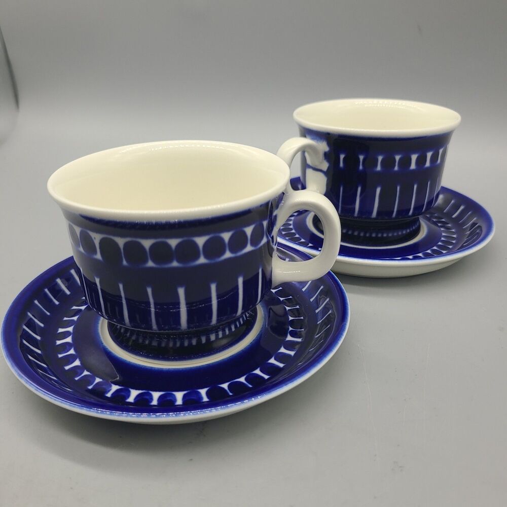 ARABIA FINLAND VALENCIA set (2) Blue White espresso Cup+ Saucer Ulla Procope